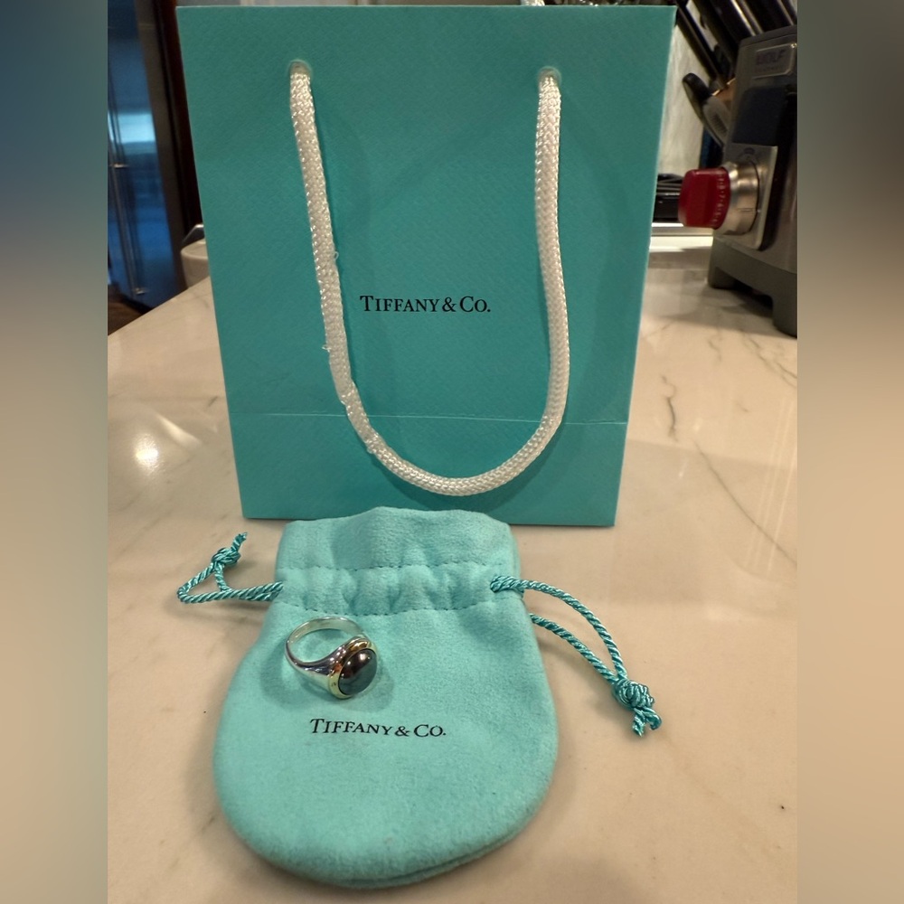 🌺Rare Tiffany & Co Sterling Silver/18K with yellow gold bezel Hematite stone🌺🌺